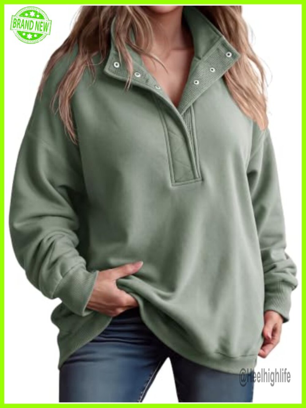 Plus Size Fleece Henley Neck Oversized Pullover Sweatshirt